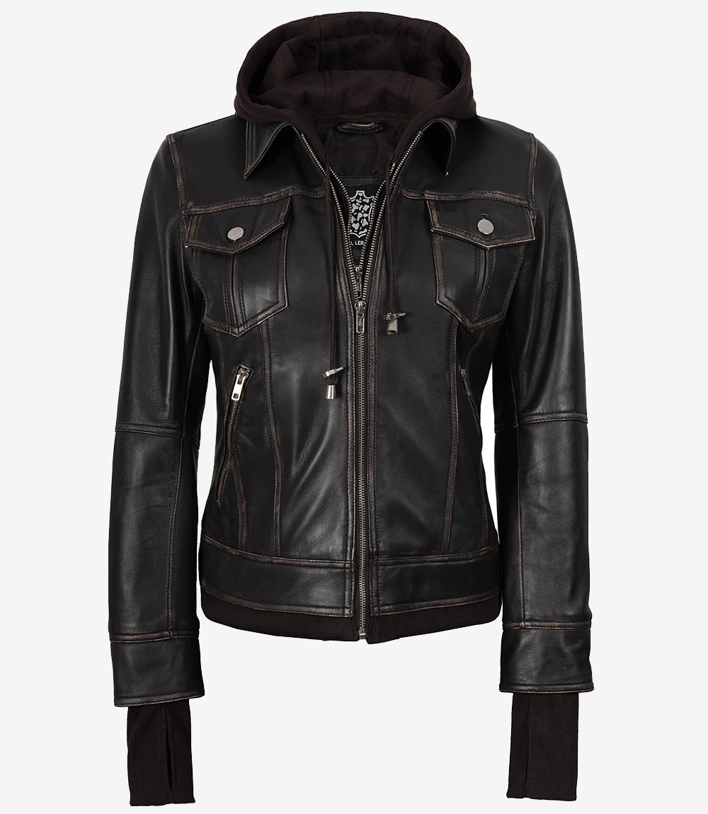 Blouson aviateur en cuir marron vieilli pour femme avec capuche amovible