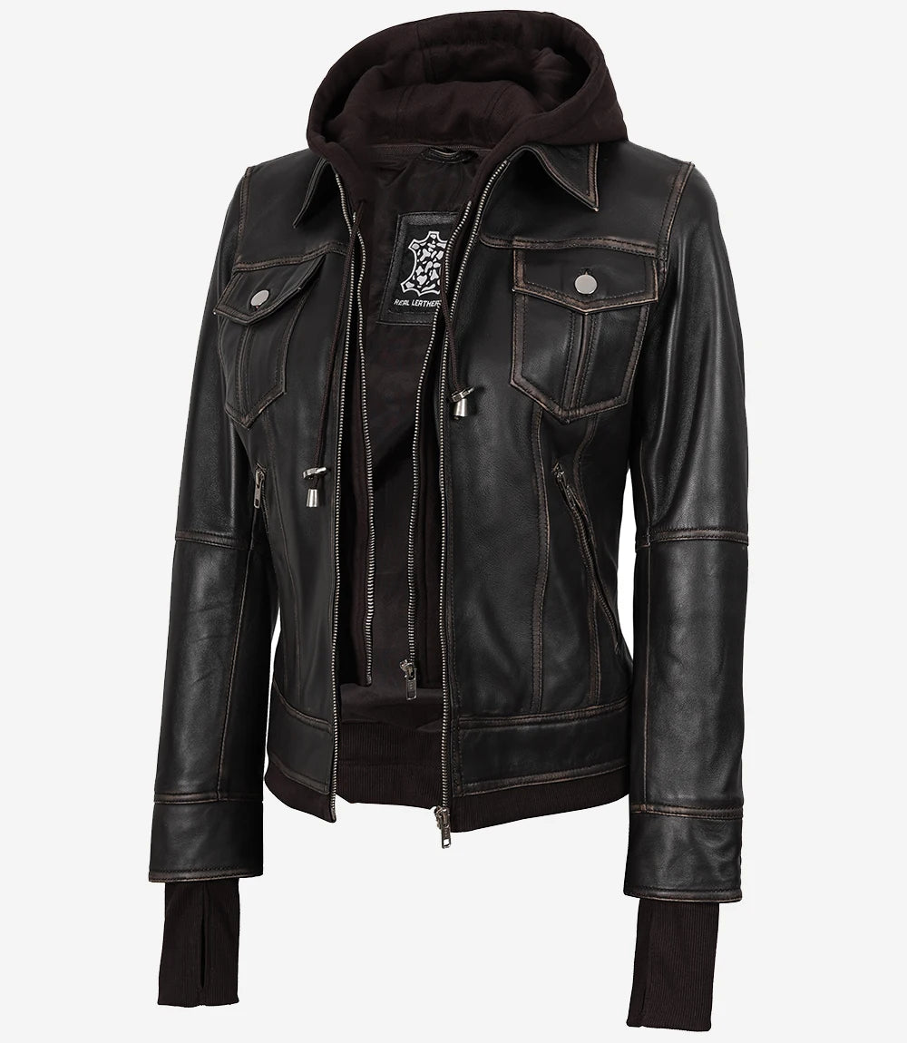 Blouson aviateur en cuir marron vieilli pour femme avec capuche amovible