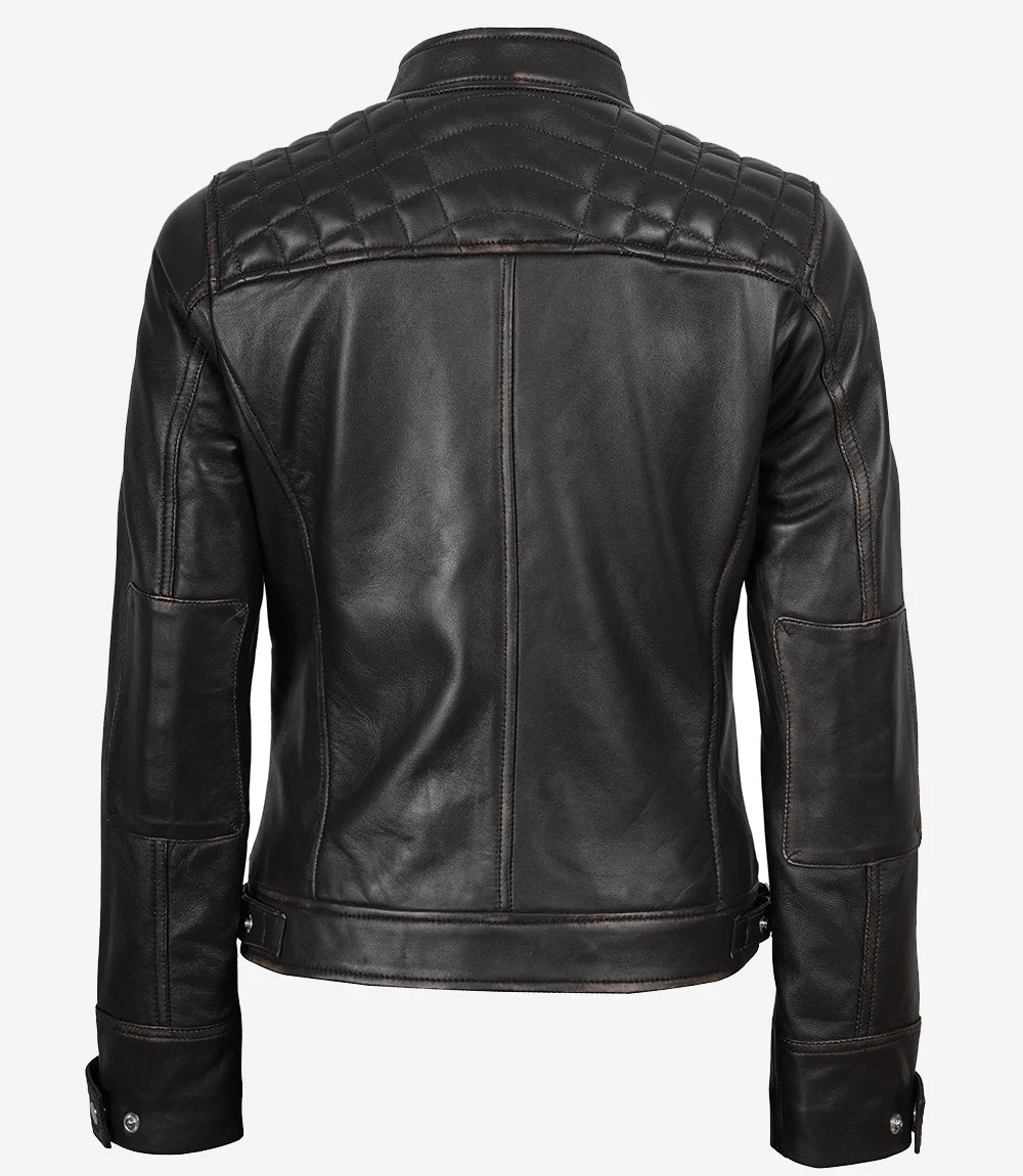 Veste style motard matelassée en cuir d'agneau véritable marron usé pour femme