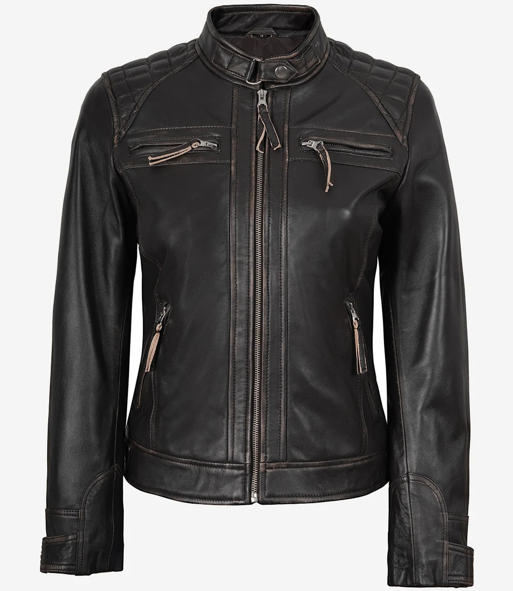 Veste style motard matelassée en cuir d'agneau véritable marron usé pour femme