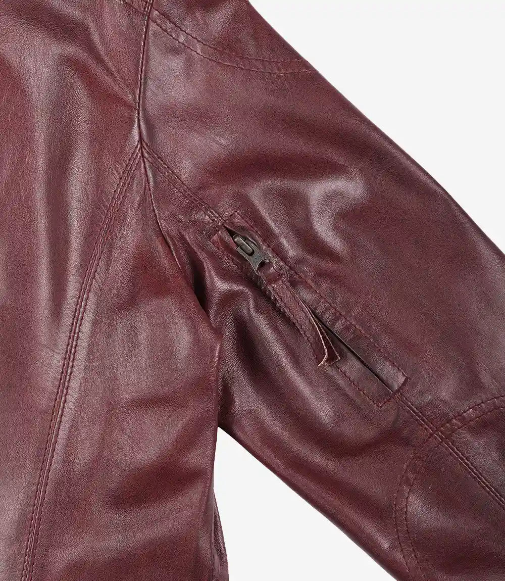 Veste motard bordeaux en cuir d'agneau véritable pour femme