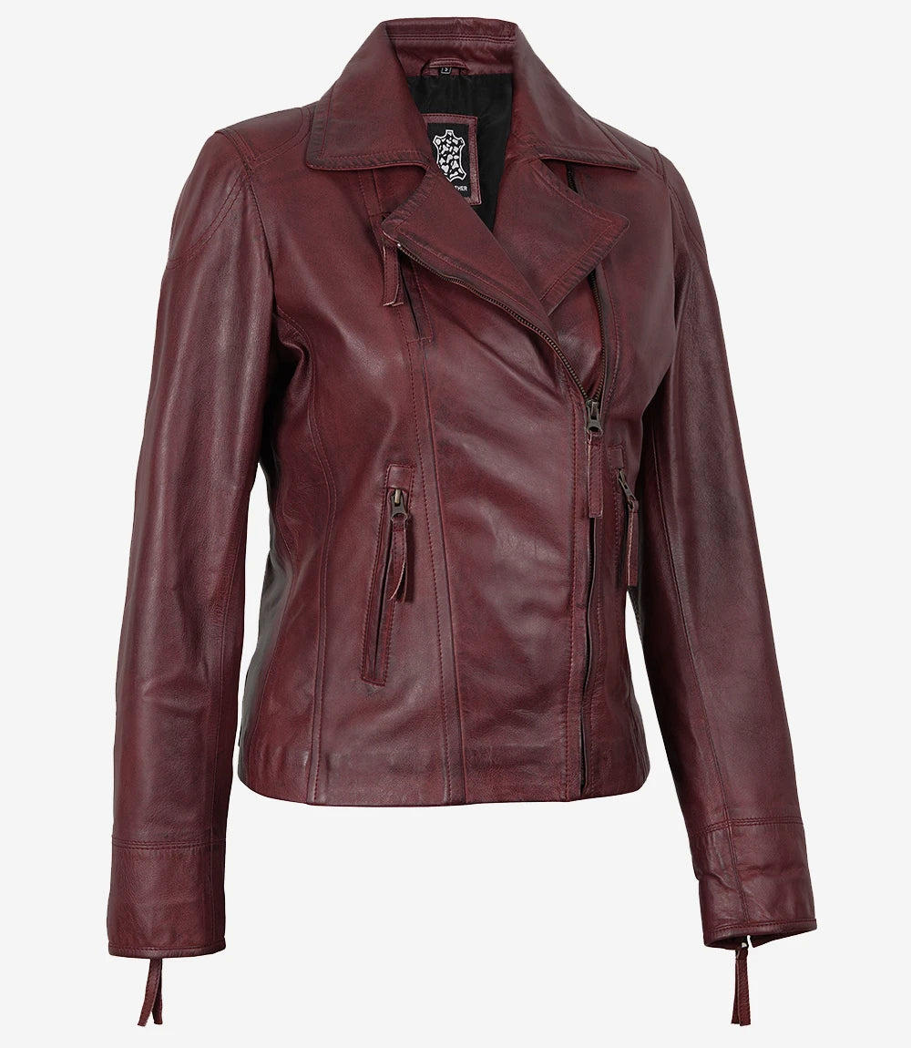 Veste motard bordeaux en cuir d'agneau véritable pour femme