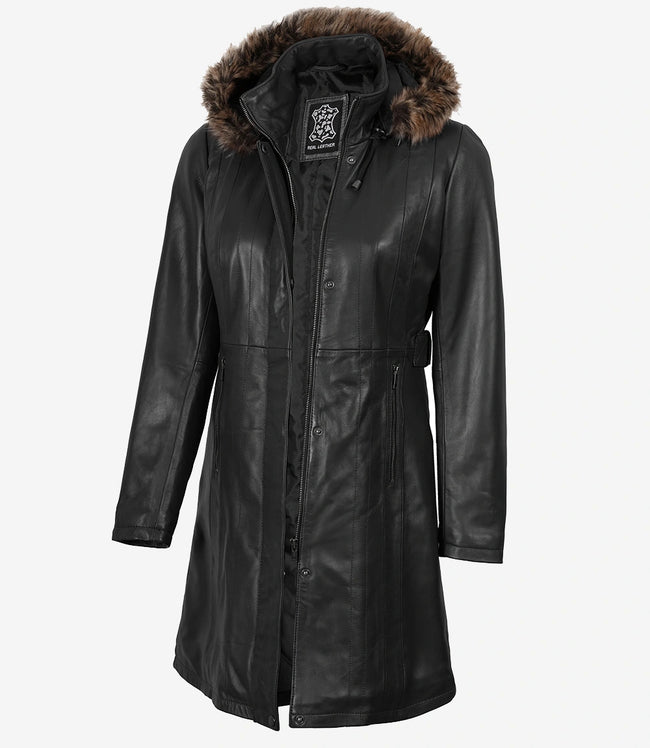 Manteau en cuir noir de qualité supérieure pour femme - Capuche en fourrure amovible