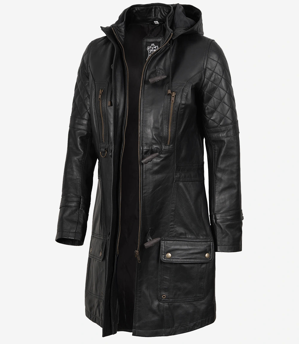 Manteau à capuche en cuir noir 3/4 pour femme