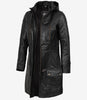 Manteau à capuche en cuir noir 3/4 pour femme