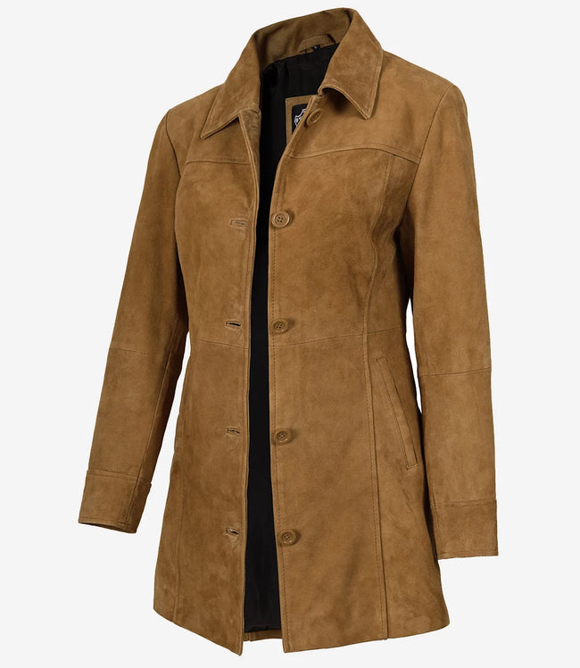 Manteau boutonné en daim marron pour femme, longueur 3/4