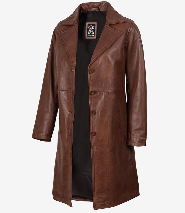 Long manteau en cuir cognac pour femme