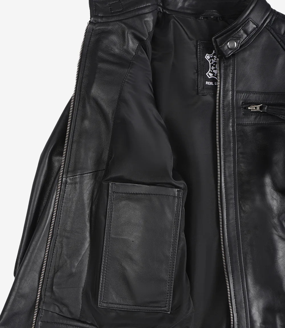Veste en cuir matelassée noire style motard pour femme