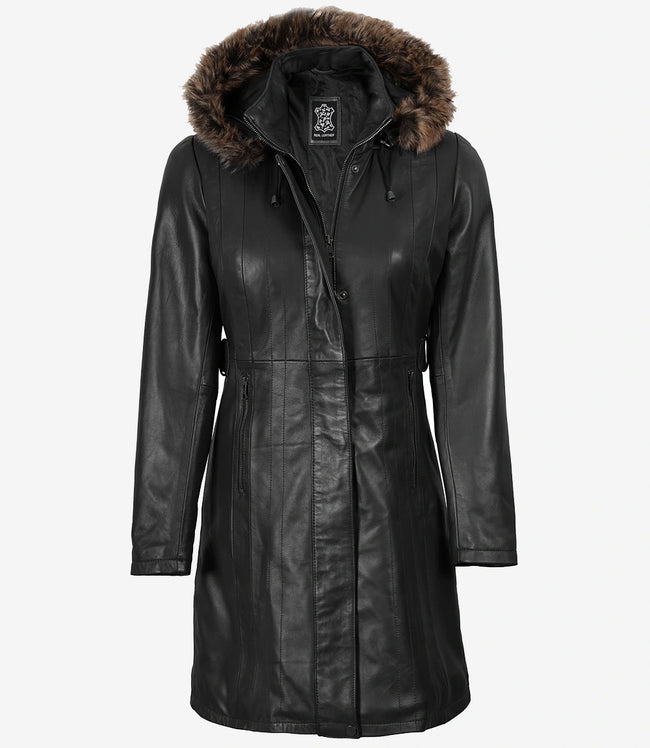 Manteau en cuir noir de qualité supérieure pour femme - Capuche en fourrure amovible