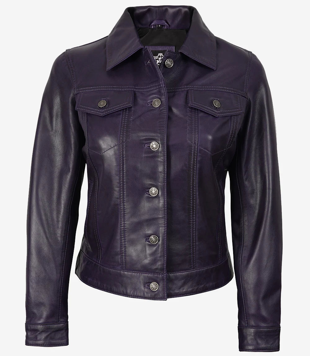 Veste de camionneur en cuir violet pour femme