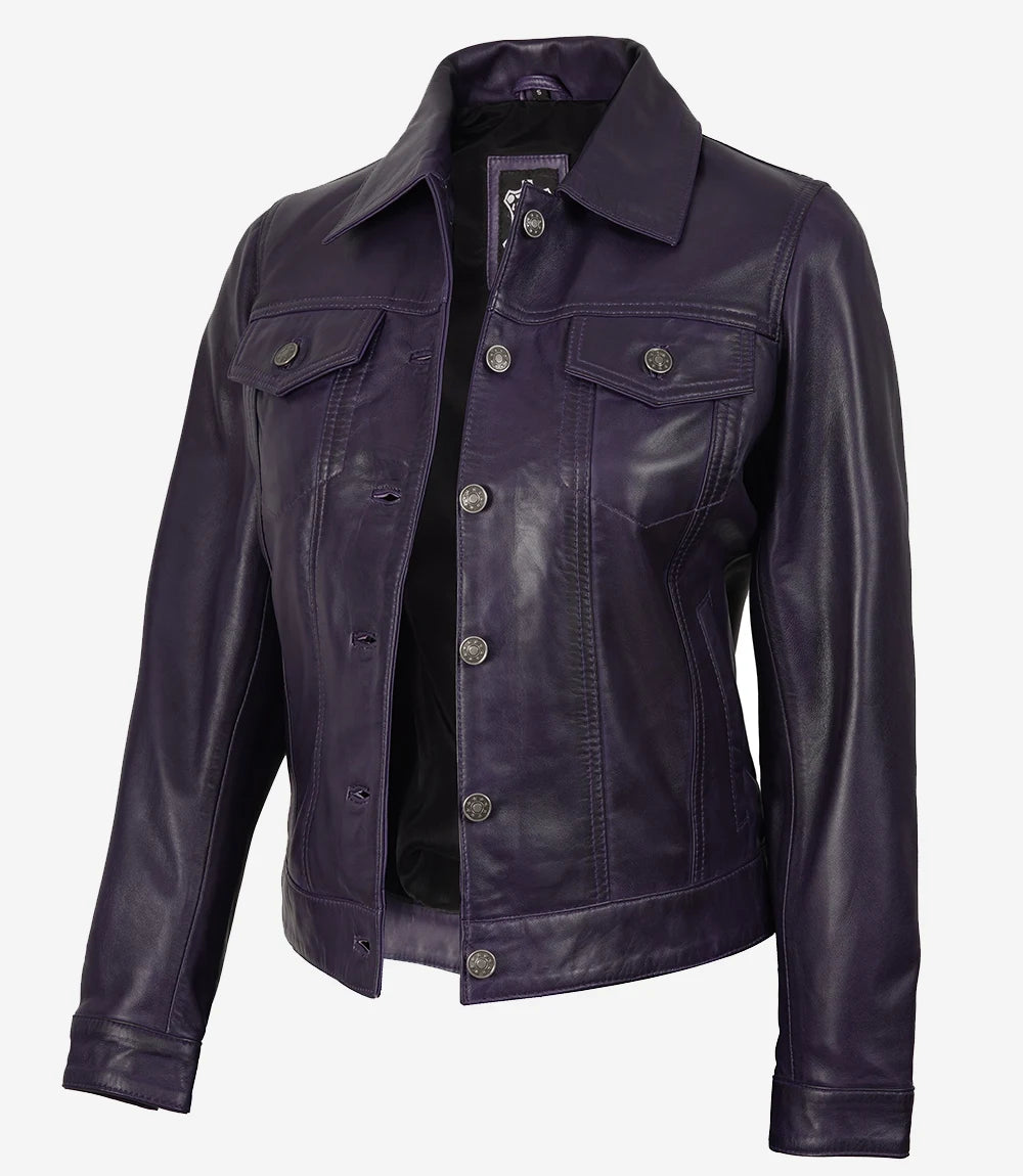 Veste de camionneur en cuir violet pour femme