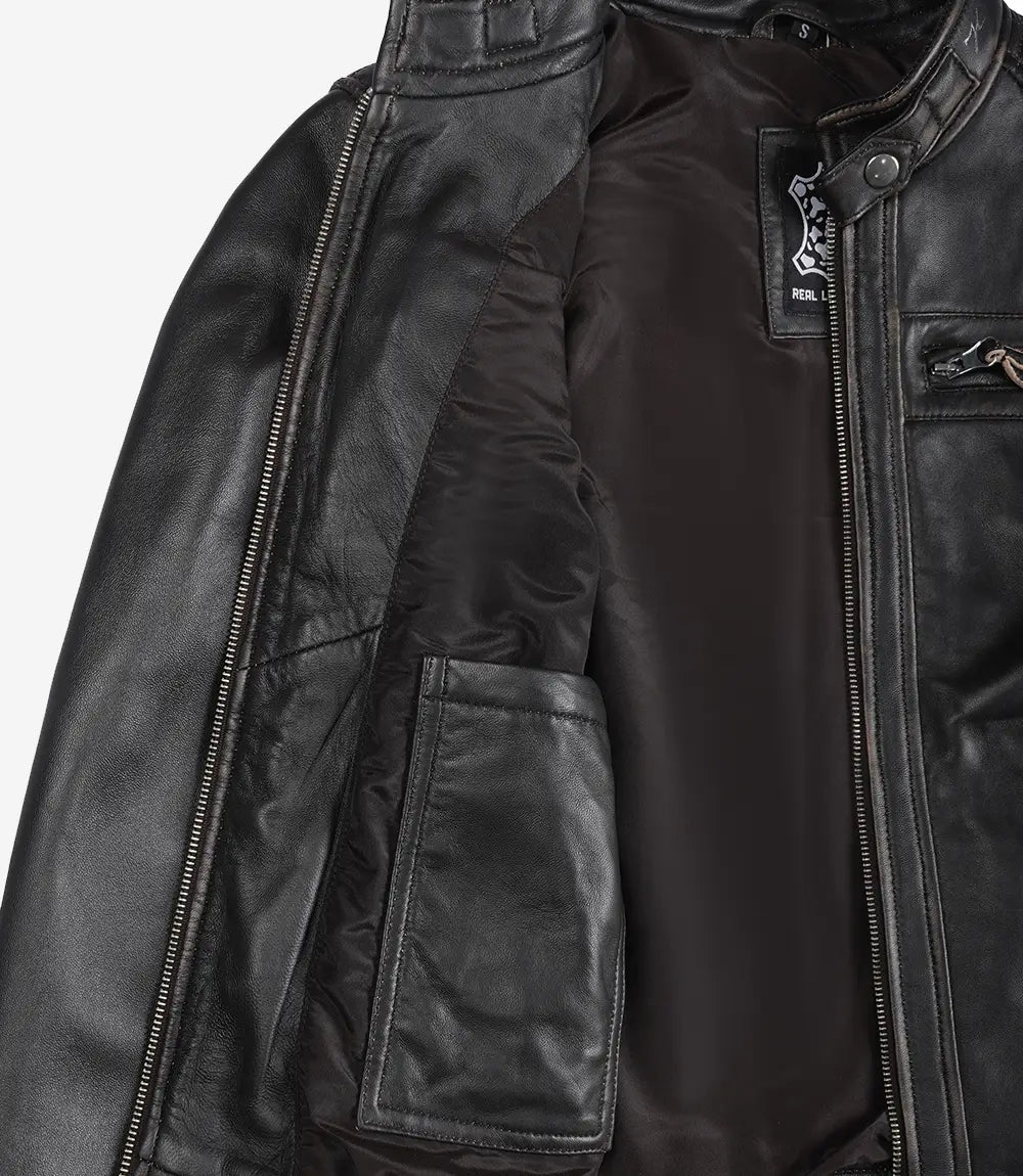 Veste style motard matelassée en cuir d'agneau véritable marron usé pour femme