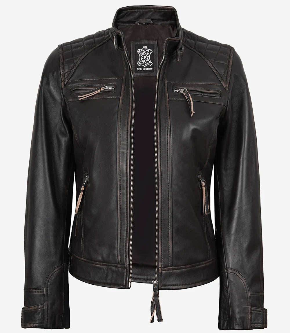 Veste style motard matelassée en cuir d'agneau véritable marron usé pour femme