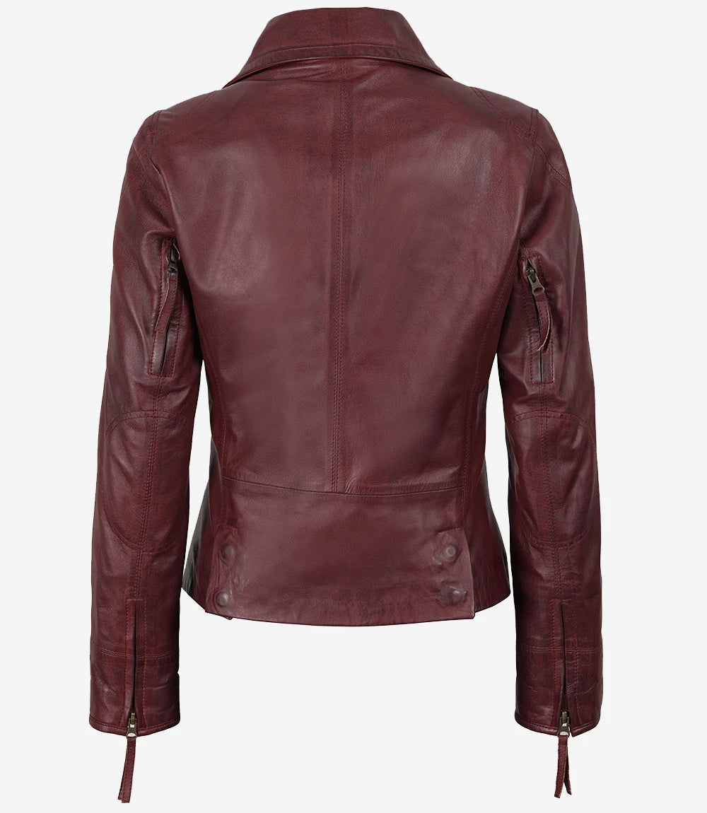 Veste motard bordeaux en cuir d'agneau véritable pour femme