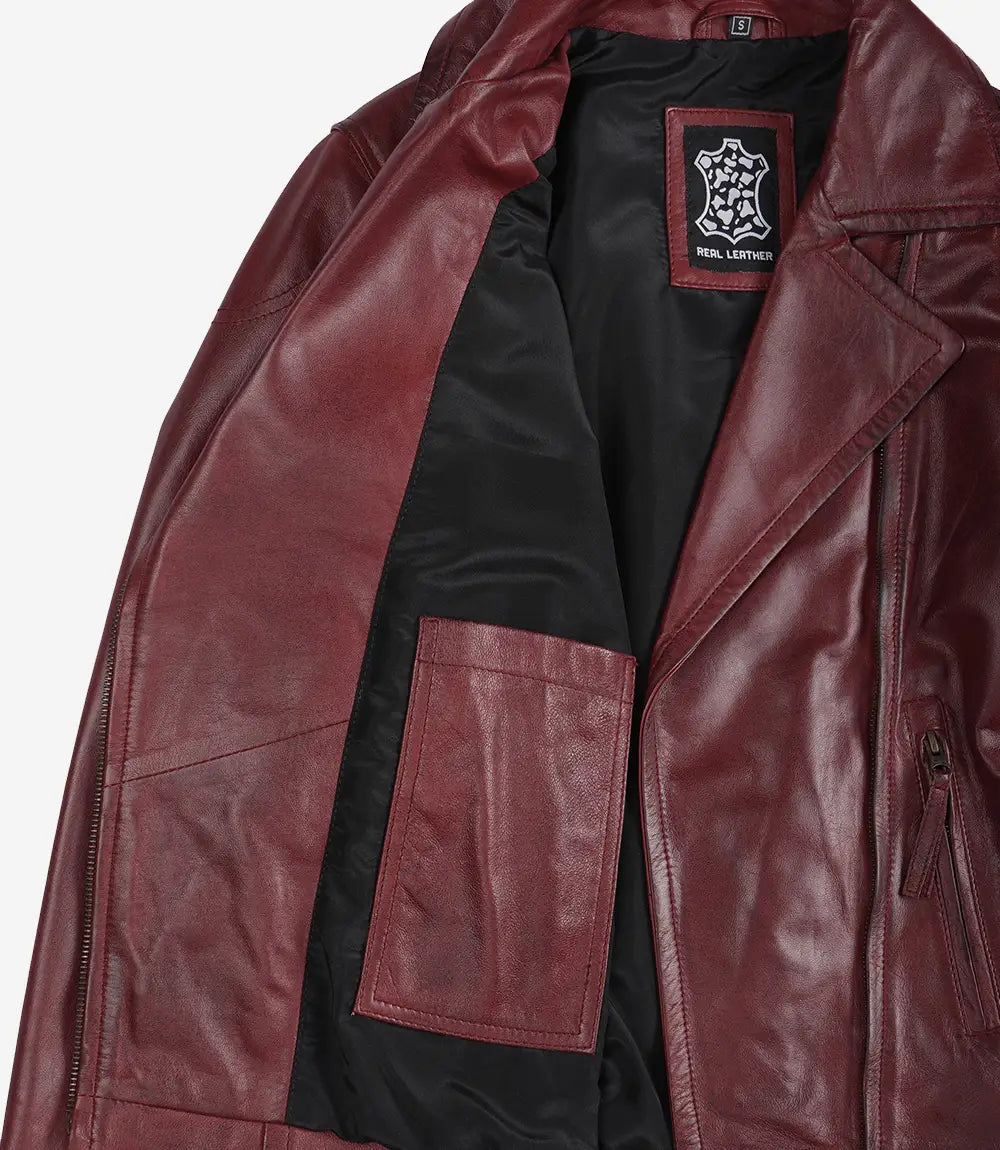 Veste motard bordeaux en cuir d'agneau véritable pour femme