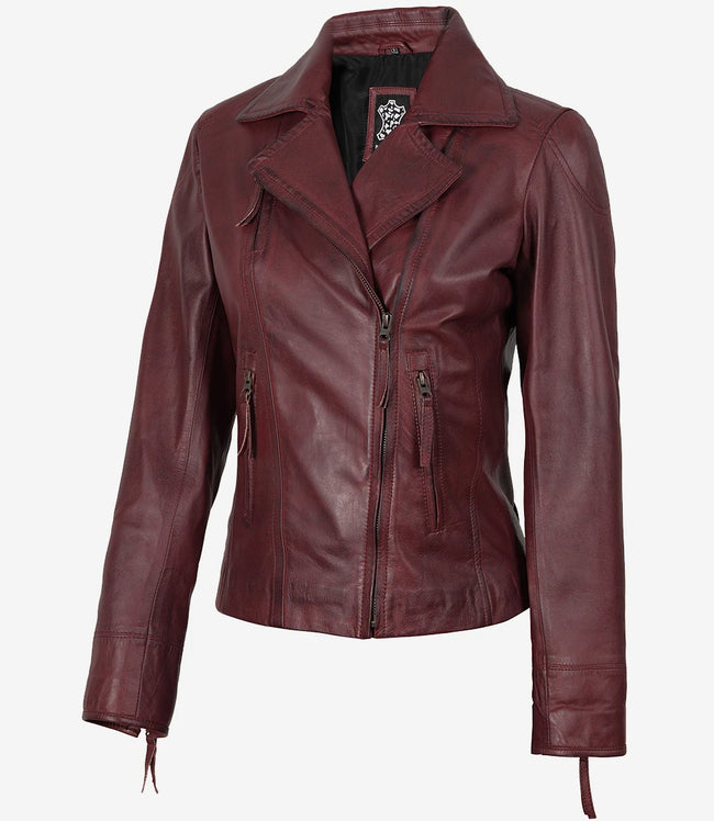 Veste motard bordeaux en cuir d'agneau véritable pour femme