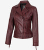 Veste motard bordeaux en cuir d'agneau véritable pour femme