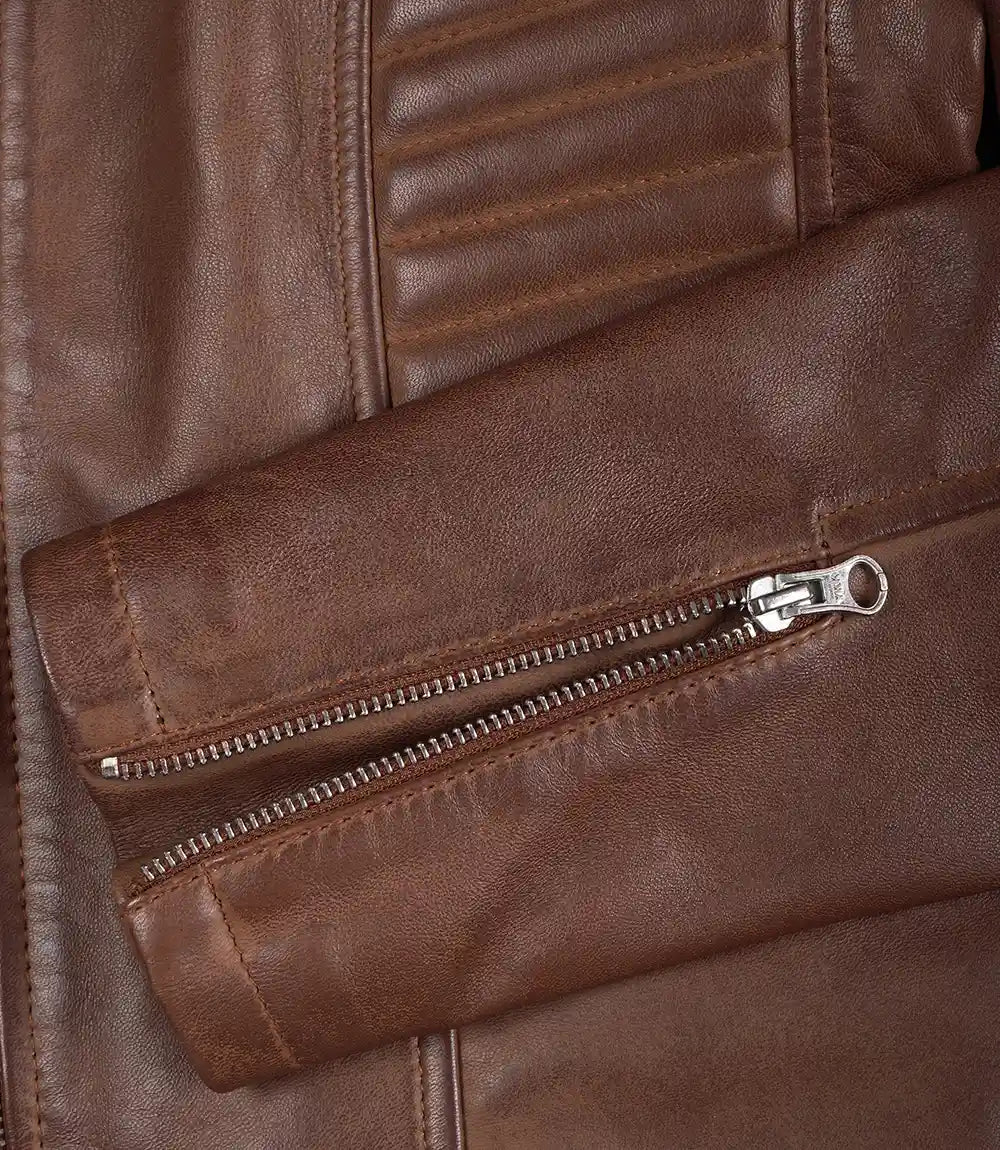 Veste de motard cirée en cuir véritable pour femme, couleur cognac