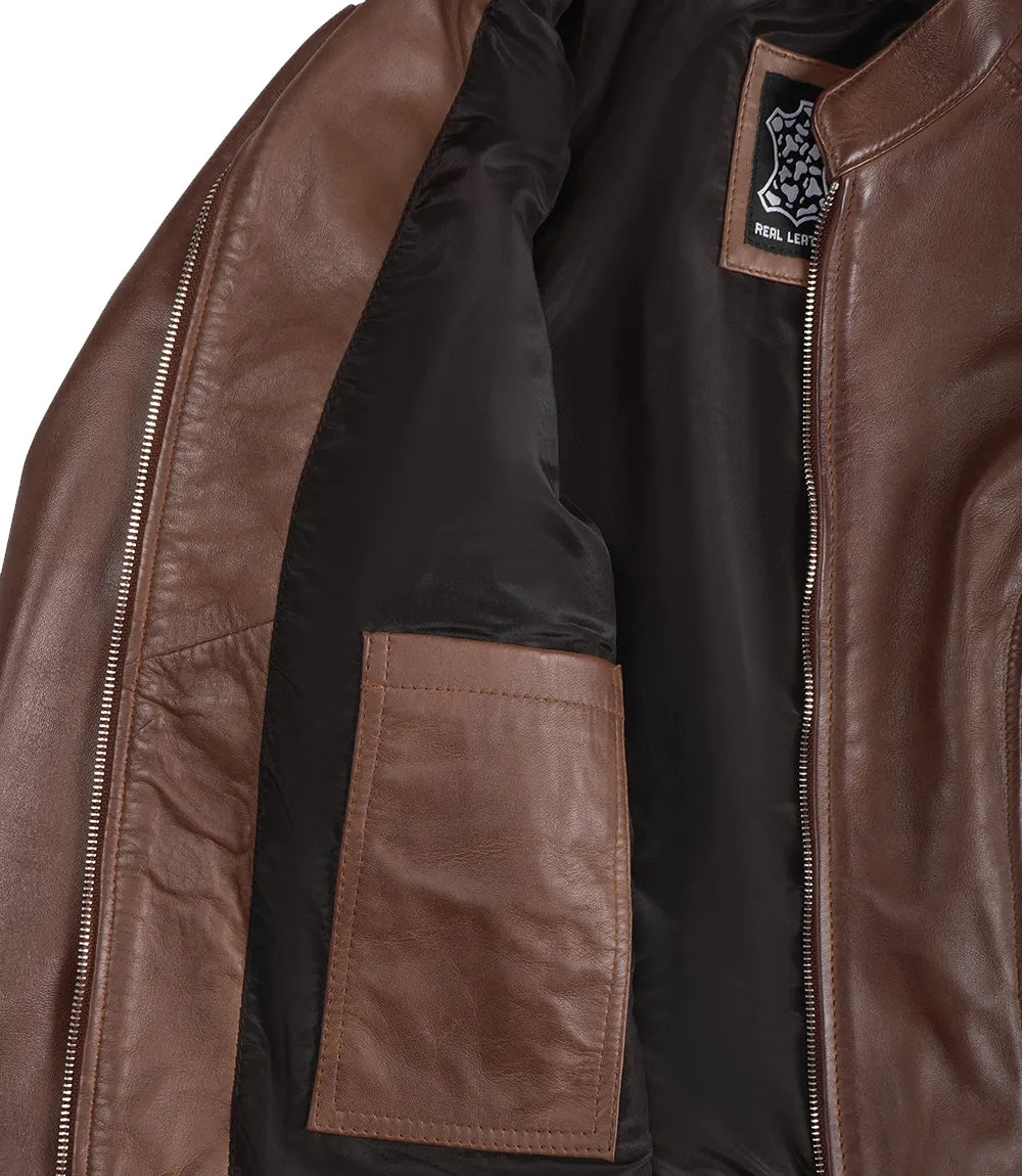 Veste de motard cirée en cuir véritable pour femme, couleur cognac