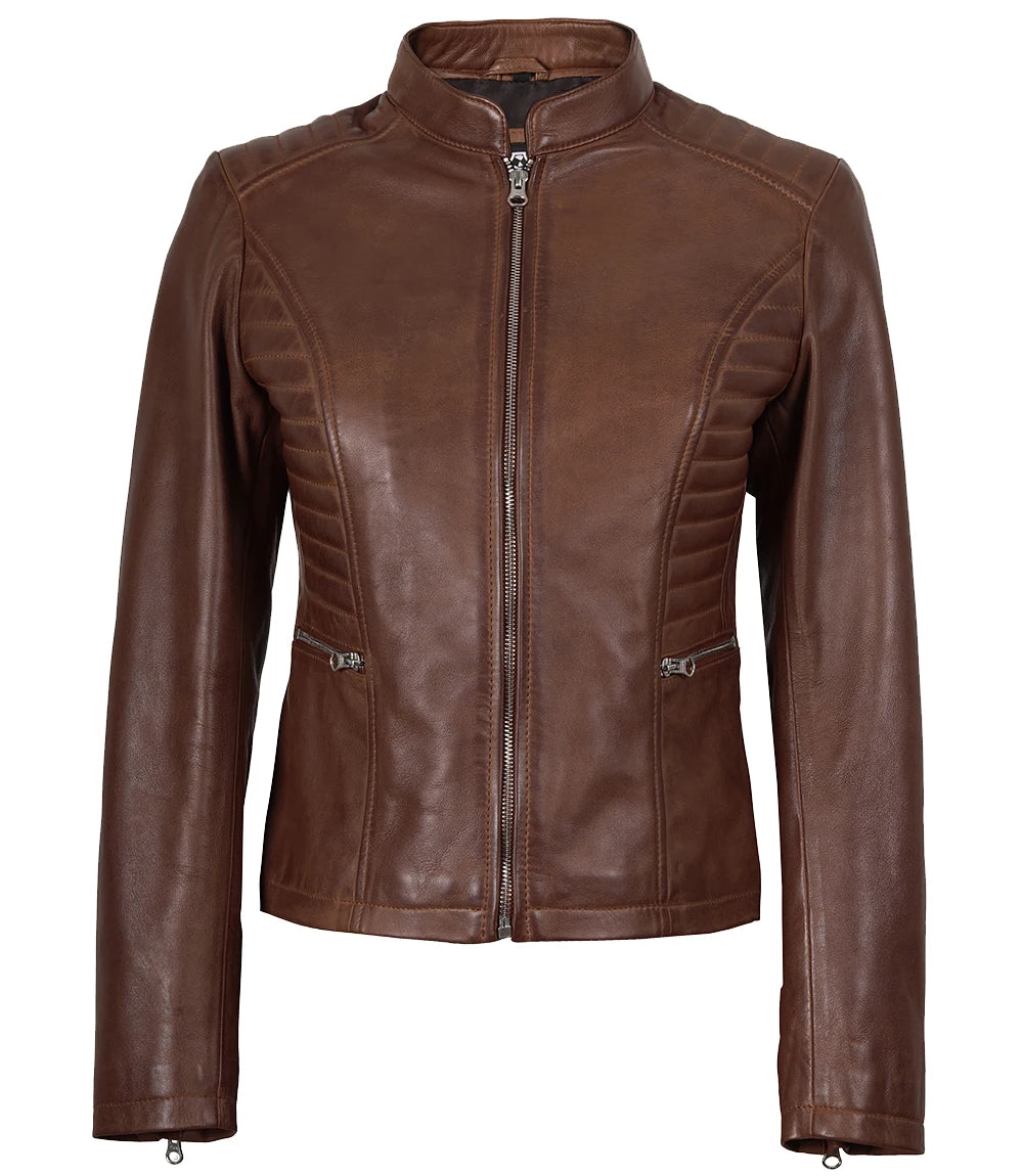 Veste de motard cirée en cuir véritable pour femme, couleur cognac