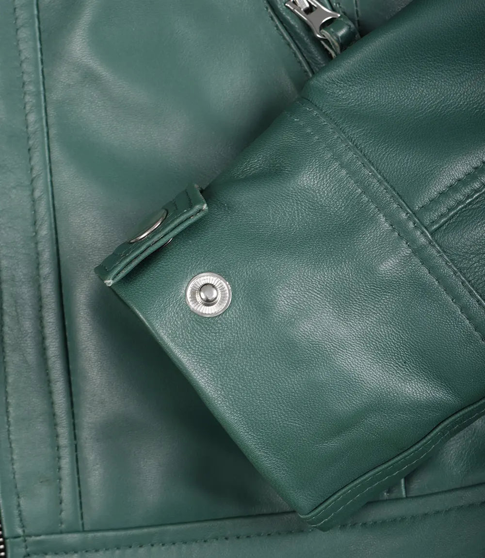 Veste motarde verte en cuir véritable pour femme - Épaules matelassées