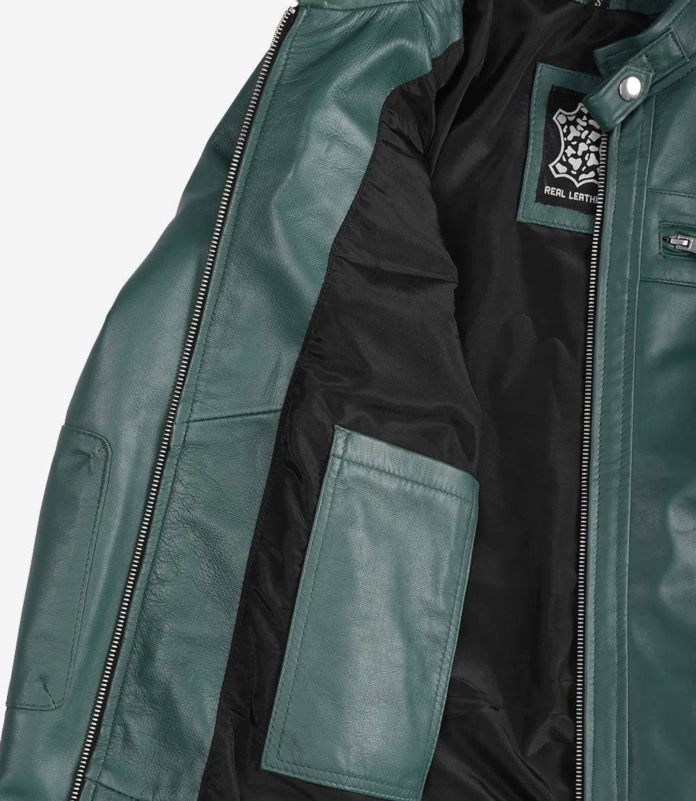 Veste motarde verte en cuir véritable pour femme - Épaules matelassées