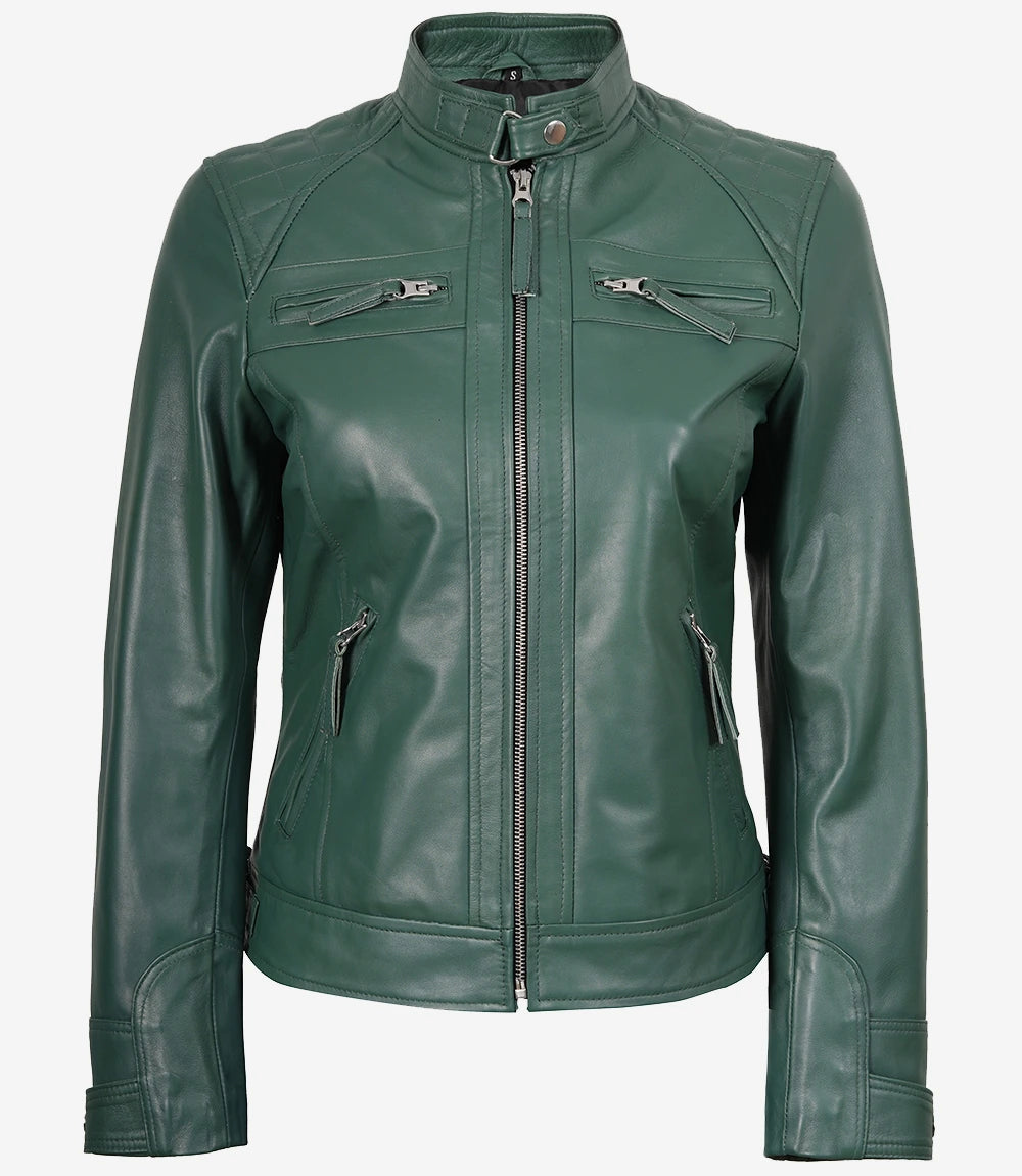 Veste motarde verte en cuir véritable pour femme - Épaules matelassées