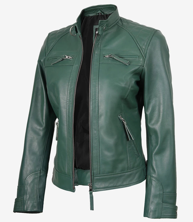 Veste motarde verte en cuir véritable pour femme - Épaules matelassées