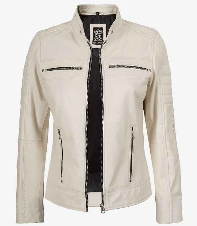 Veste en cuir véritable pour femme, style motard, blanc cassé