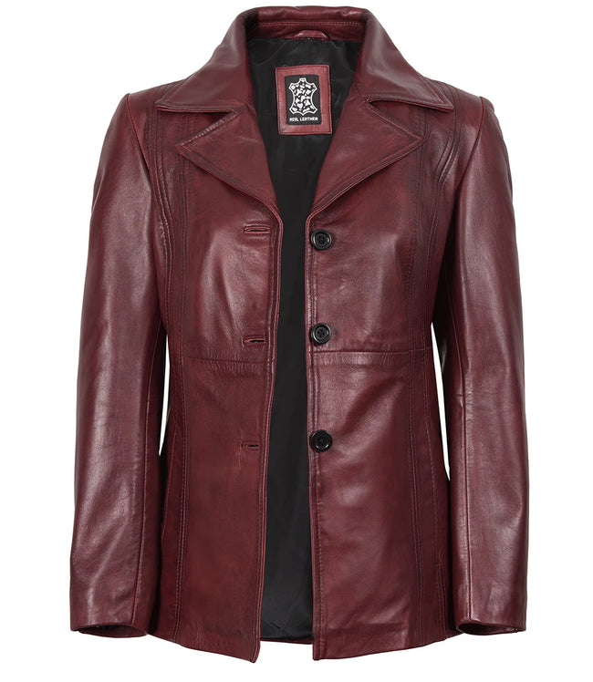 Blazer en cuir bordeaux à trois boutons pour femme