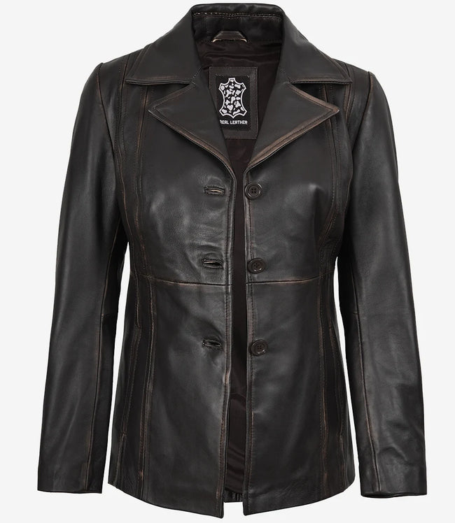 Blazer en cuir marron vieilli à trois boutons pour femme