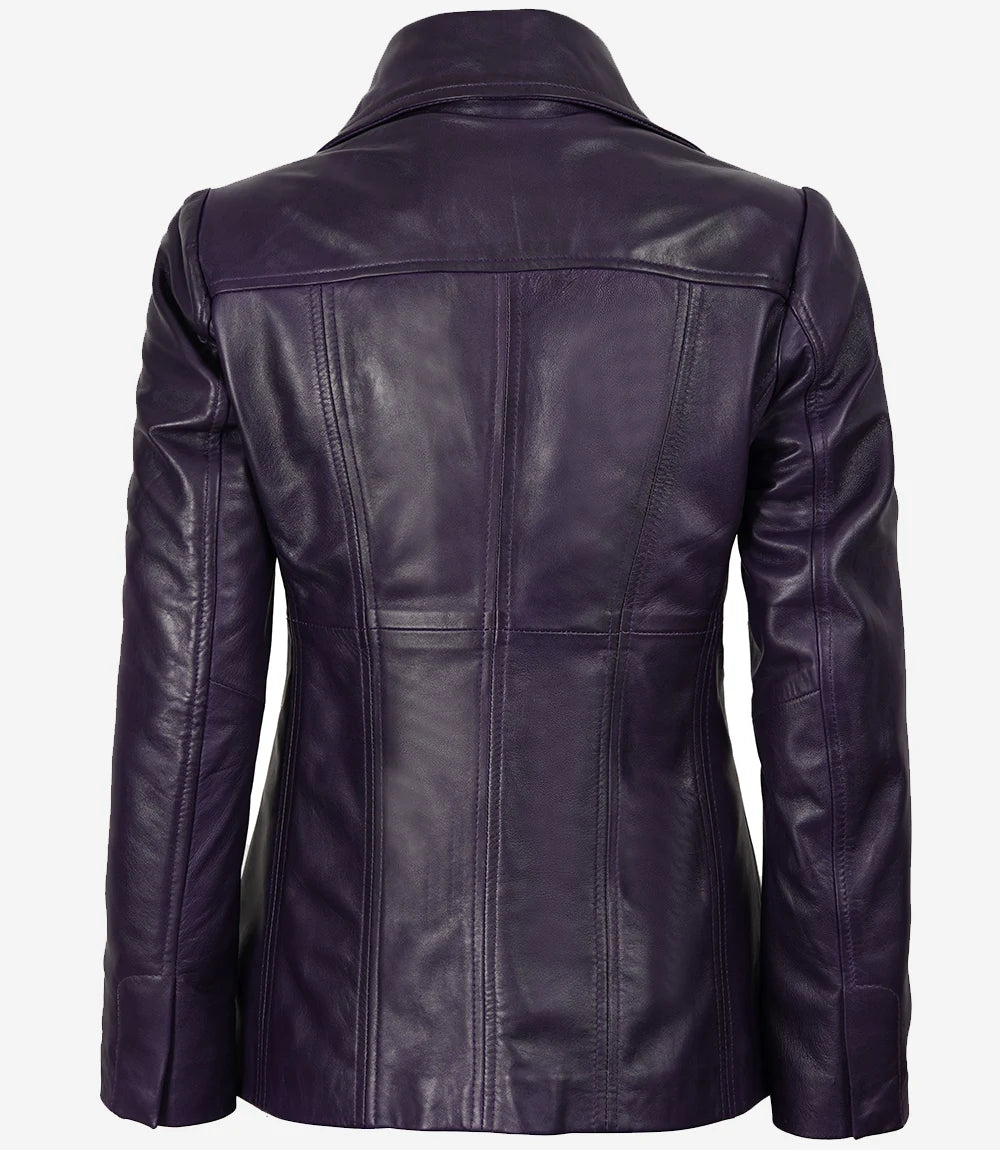 Blazer en cuir violet à trois boutons pour femme