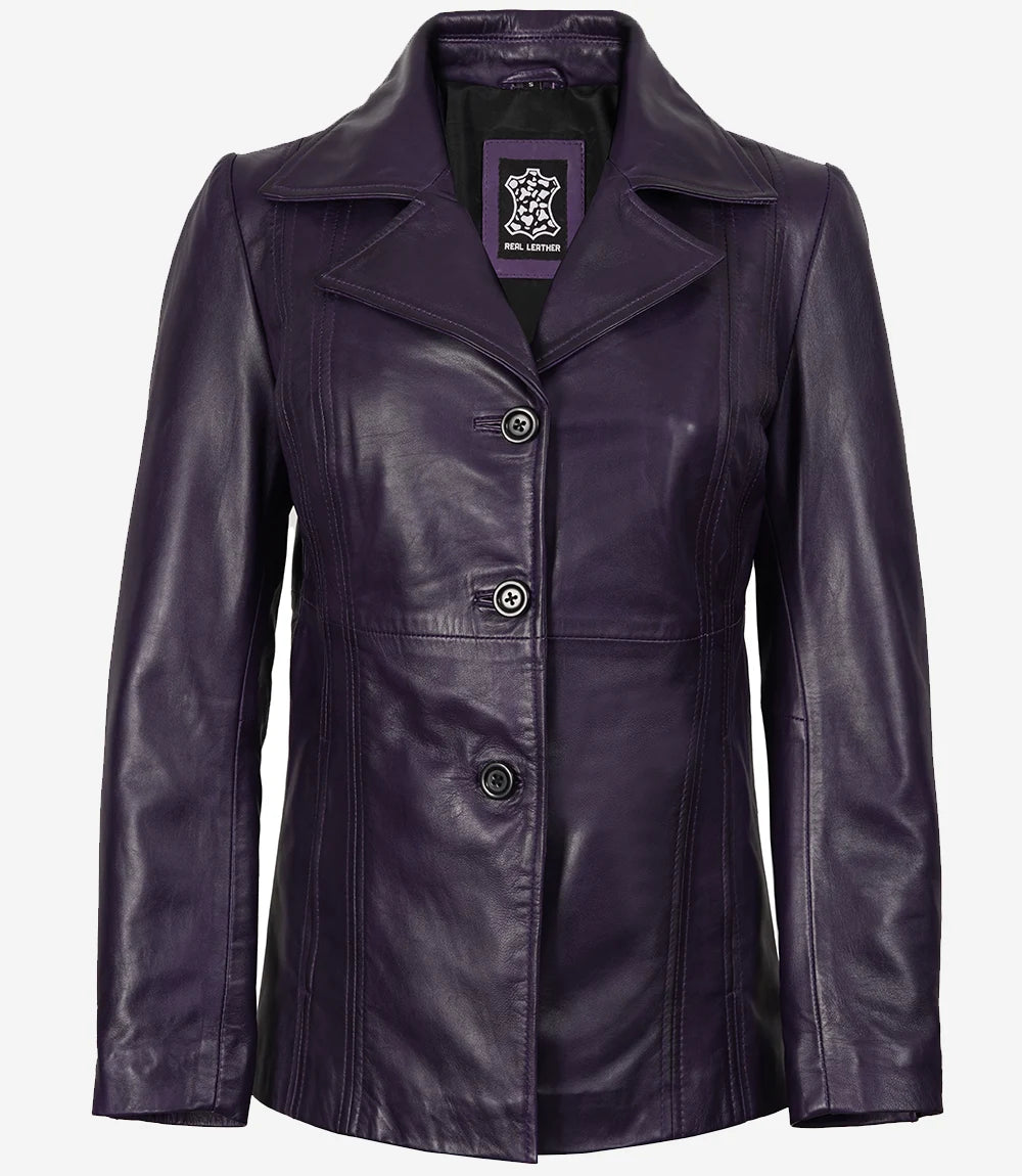 Blazer en cuir violet à trois boutons pour femme