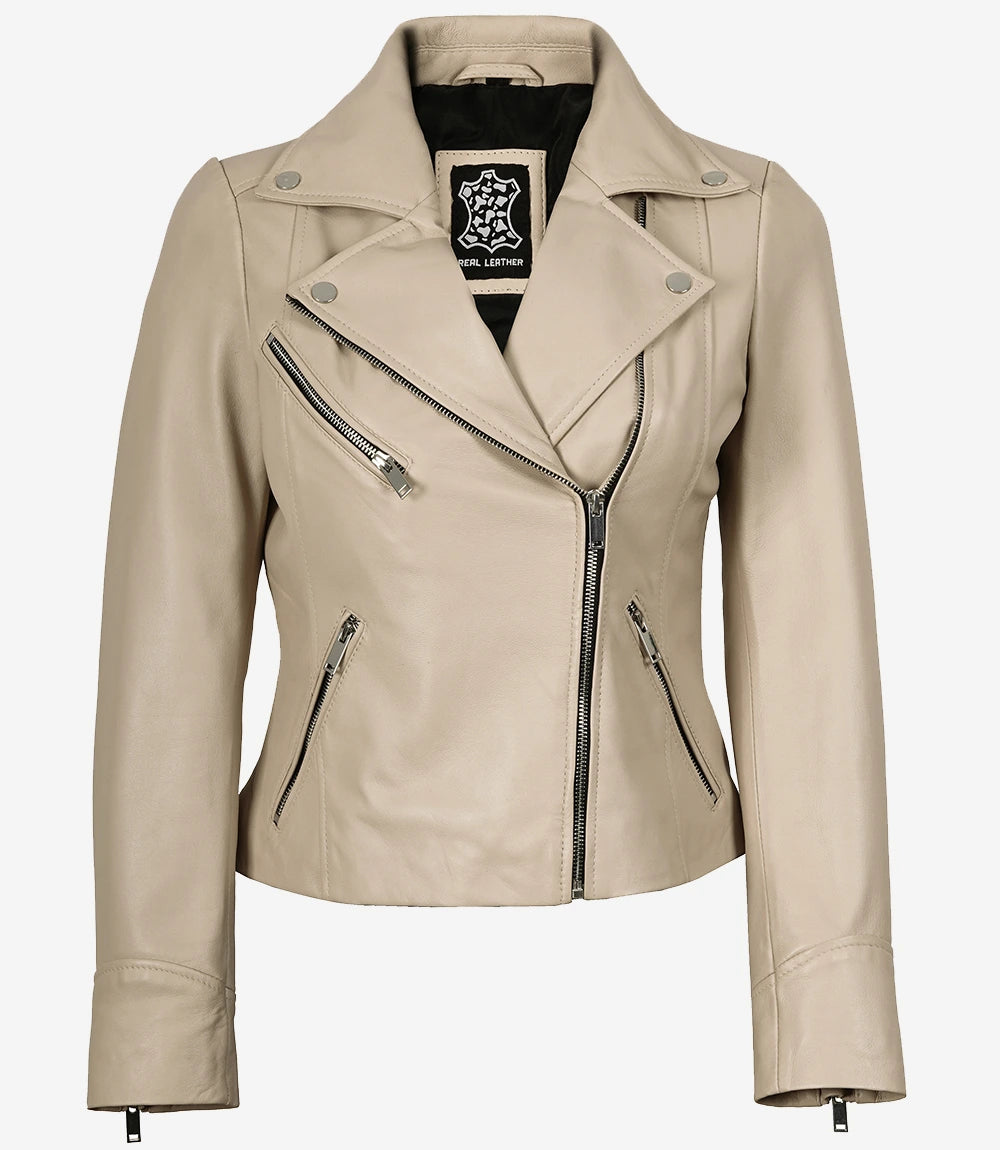 Veste de motard beige en cuir d'agneau véritable pour femme