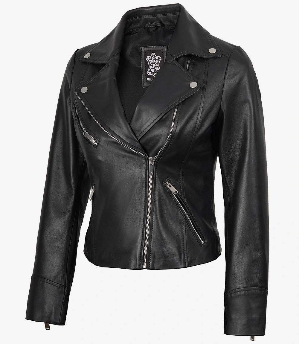 Veste motard asymétrique en cuir noir pour femme Rita