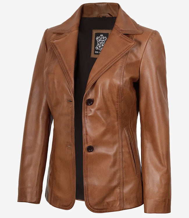 Blazer en cuir beige à deux boutons pour femme - Revers crantés