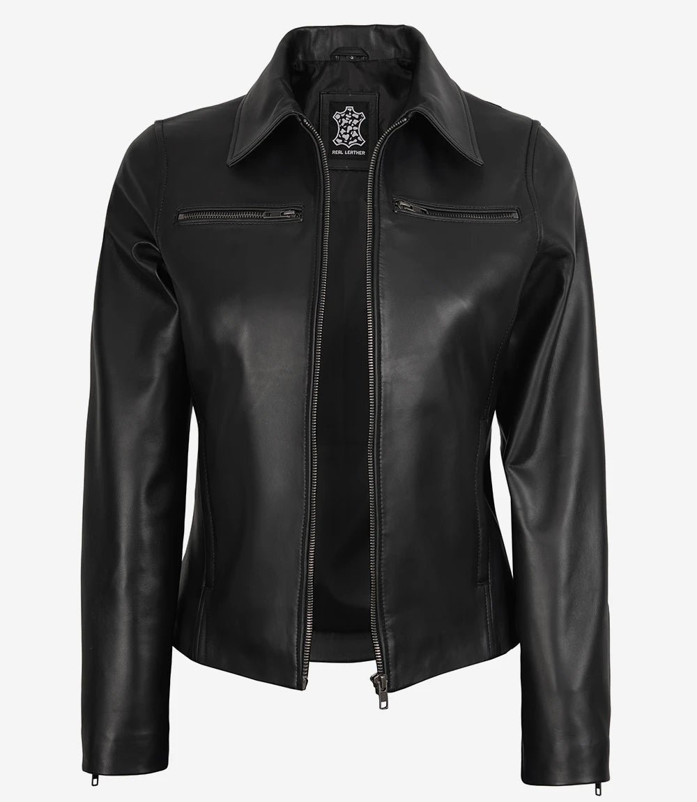 Womens Real Leather Black Harrington Jacket