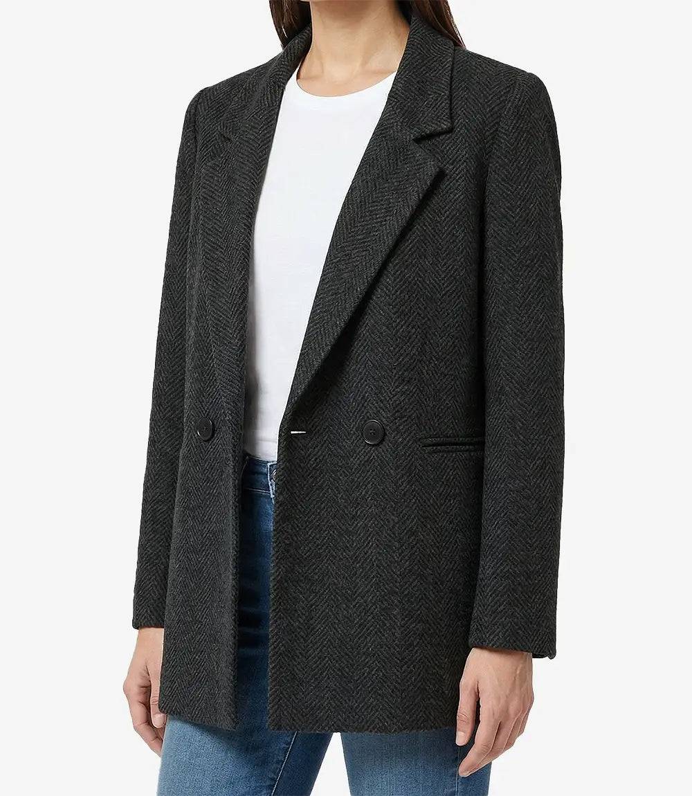 Womens Black Double Breasted Herringbone Wool Blend Blazer