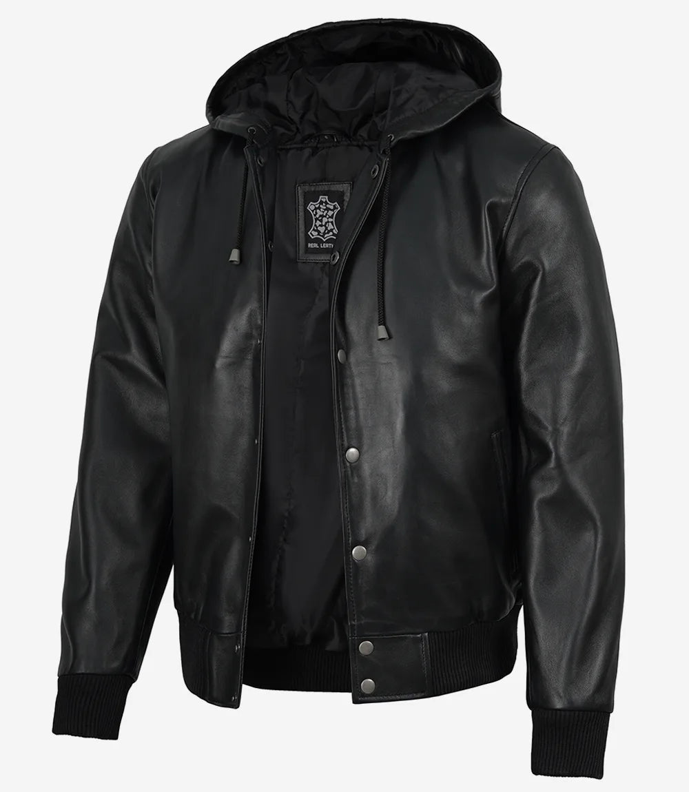 Mens Black Hooded Leather Bomber Jacket - Letterman Style
