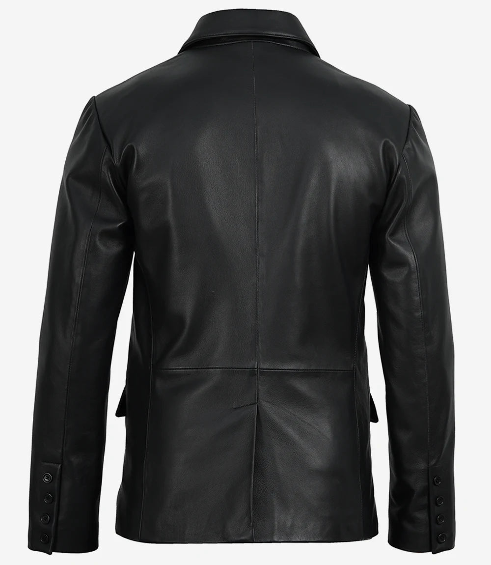 Cedric Men’s Black Lambskin Leather Blazer – Peak Lapel Tailored Fit