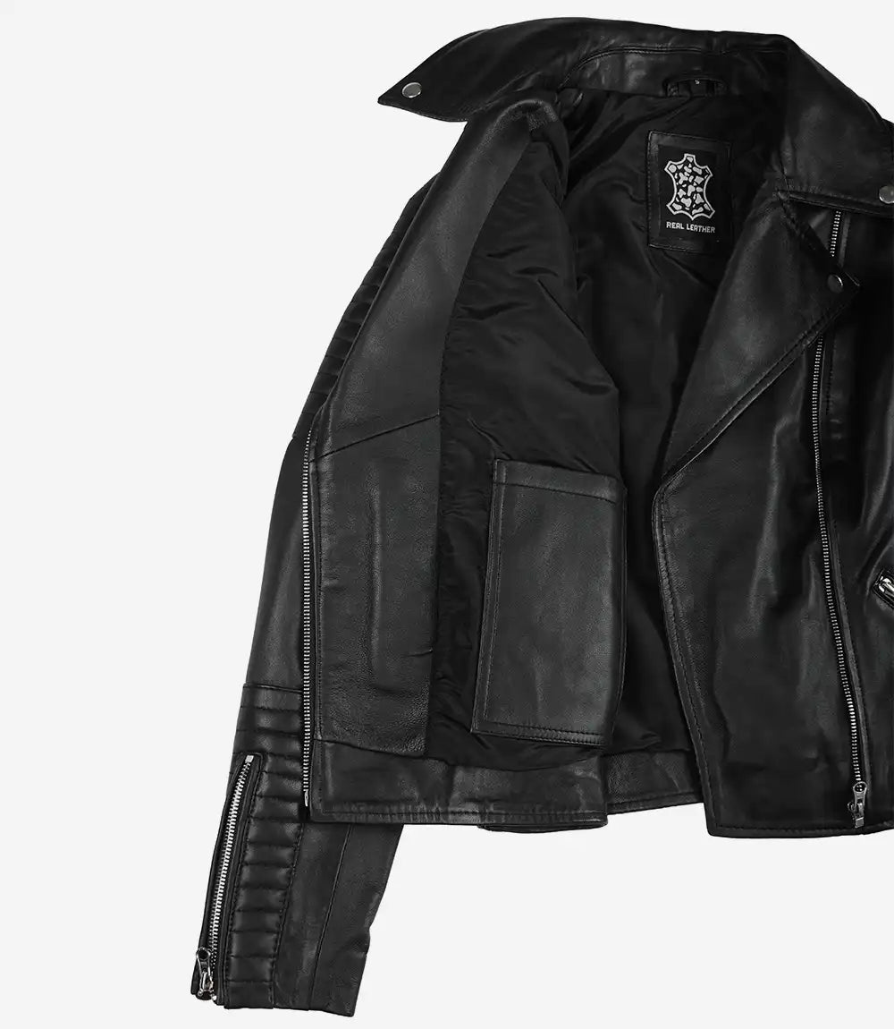 Veste en cuir noir de style motard pour femme