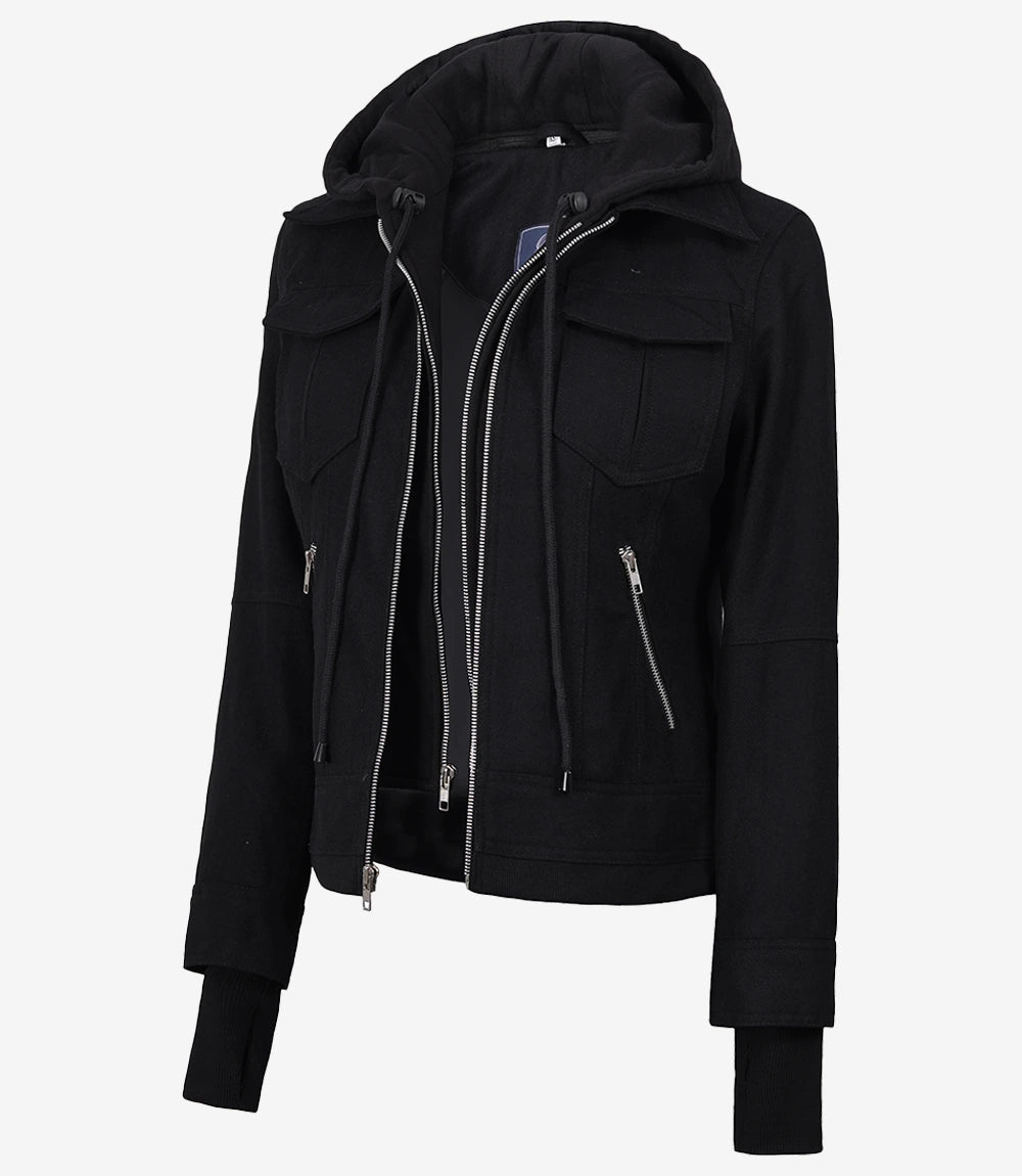 Women's Black Wool Jacket – Removable Hood with Zip Front