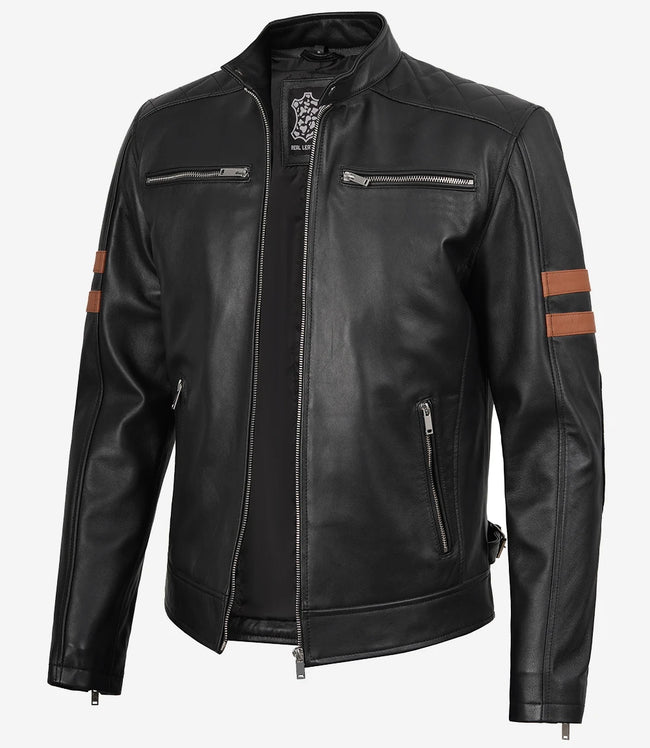 Veste motard en cuir noir pour homme avec bandes beiges sur les bras
