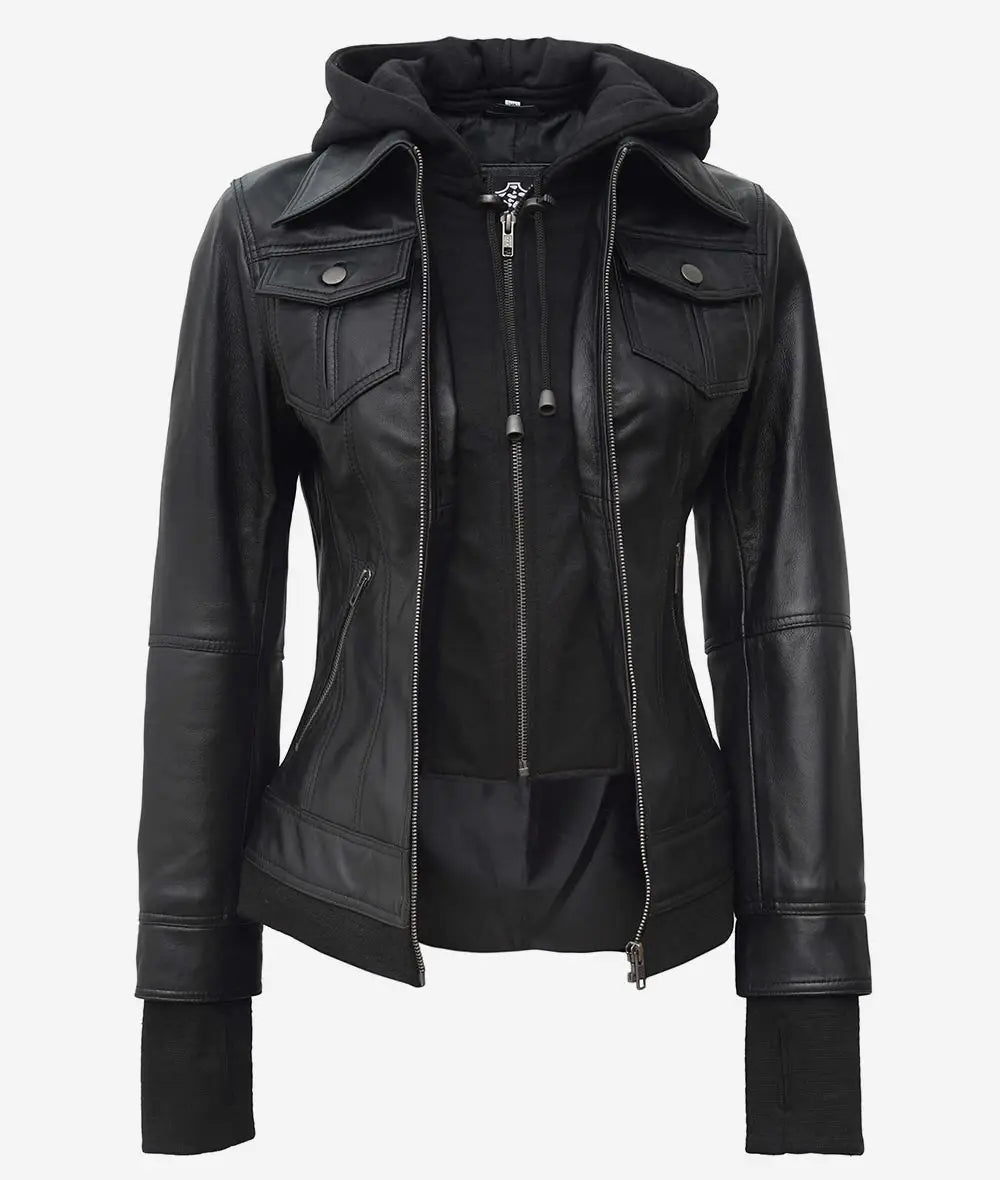 La Celeste : blouson aviateur en cuir noir pour femme avec capuche amovible