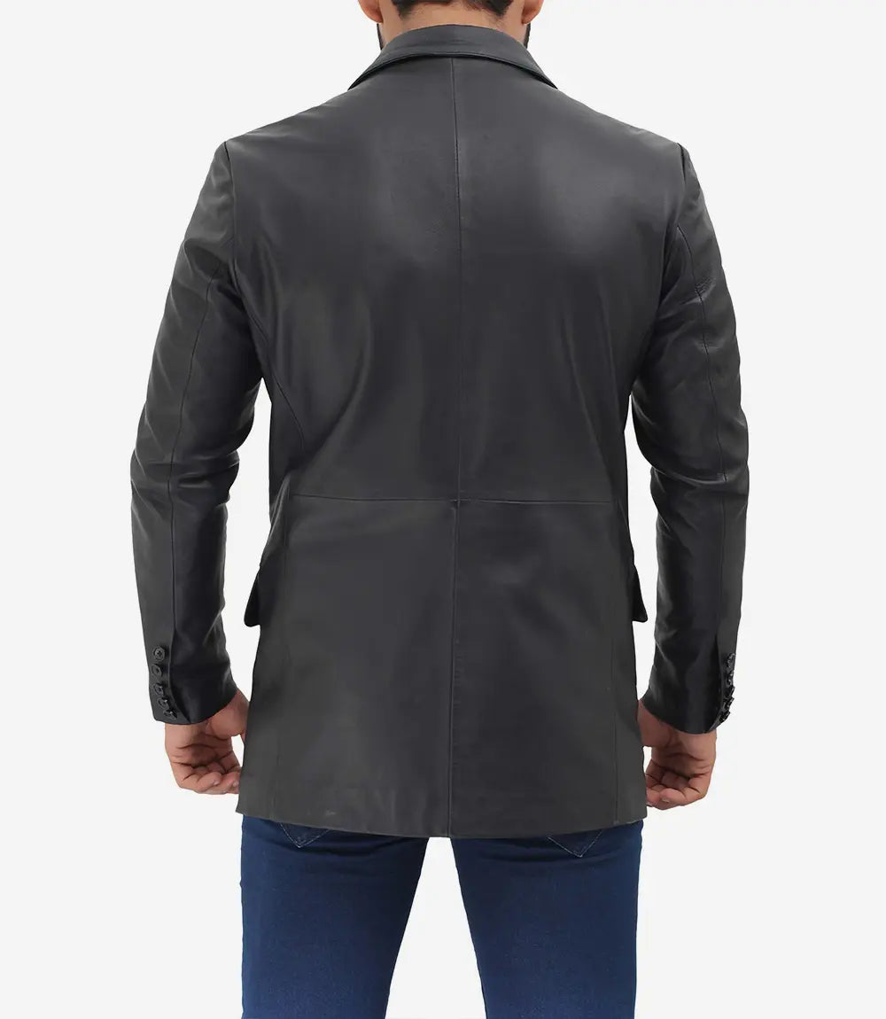 2 Buttons Leather Black Blazer for Men