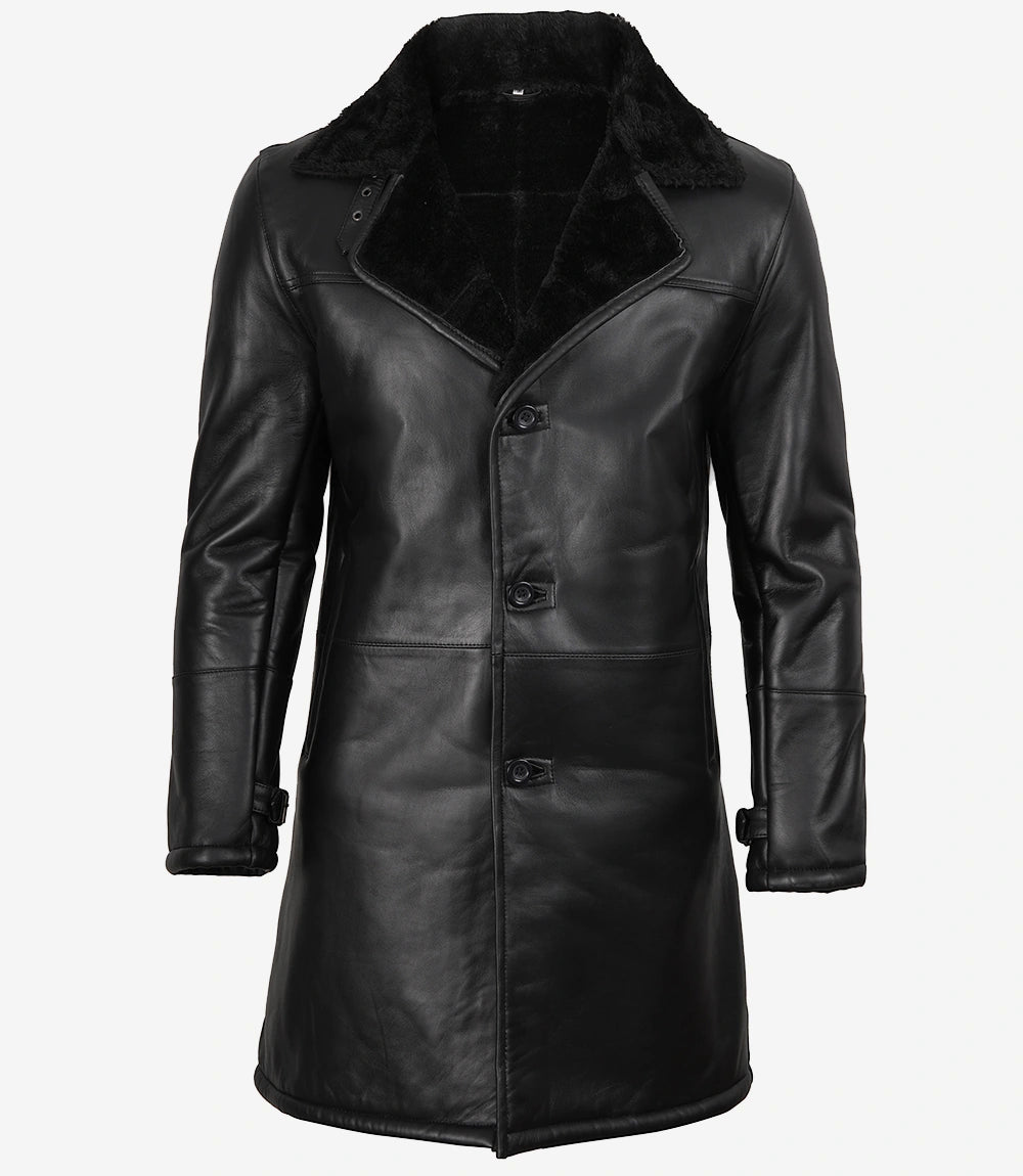 Manteau 3/4 en cuir et peau lainée noire pour homme