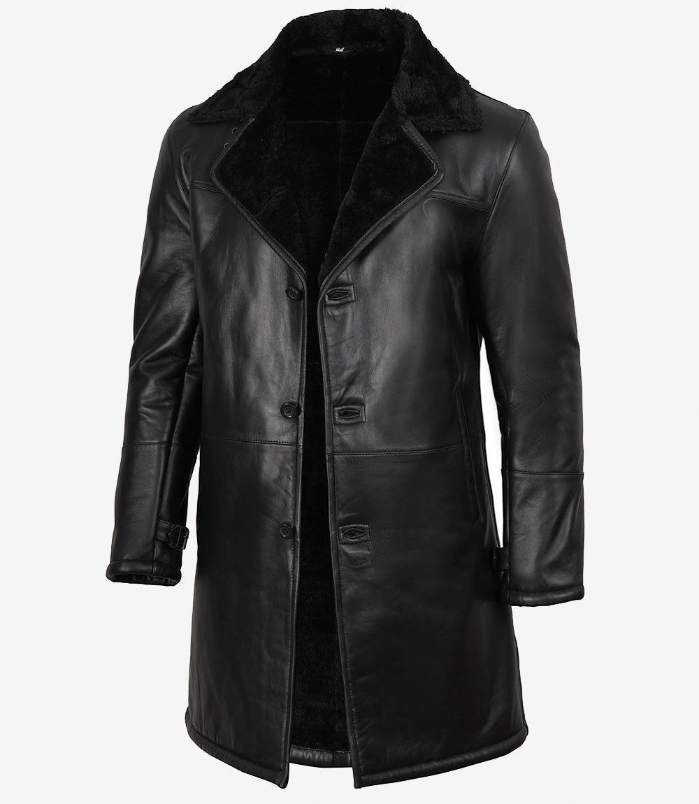 Manteau 3/4 en cuir et peau lainée noire pour homme