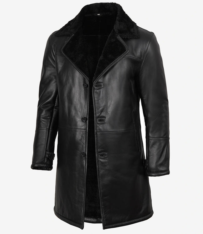 Manteau 3/4 en cuir et peau lainée noire pour homme