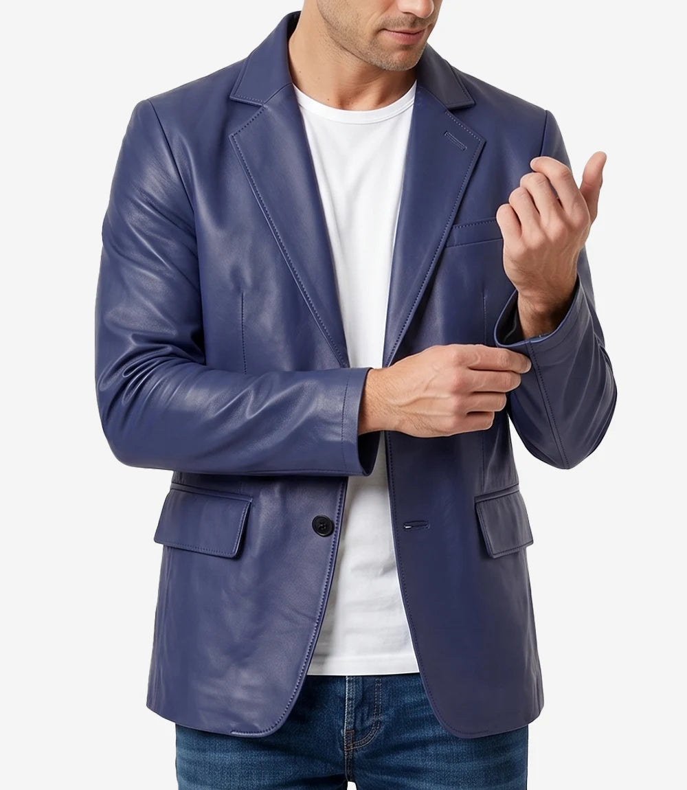 Men's Blue Leather Two-Button Closure Blazer Jacket