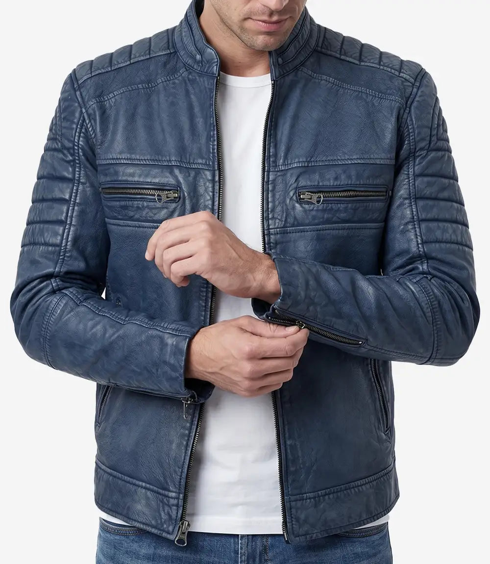 Men's Blue Washed Cafe Racer Leather Jacket